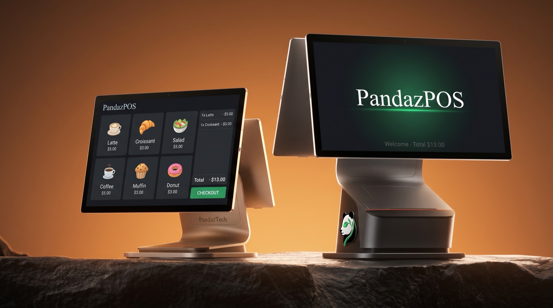 The PandazTech Terminal — a dual-screen Sunmi T3 Pro showing the cashier catalog up front and the customer-facing PandazPOS welcome screen on the back